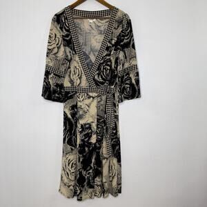 Talbots Dress Womens 16 Black Beige Floral Houndstooth Pattern Wrap Midi Classic